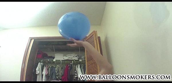  Topless Teen smokes cigarette and pops balloons